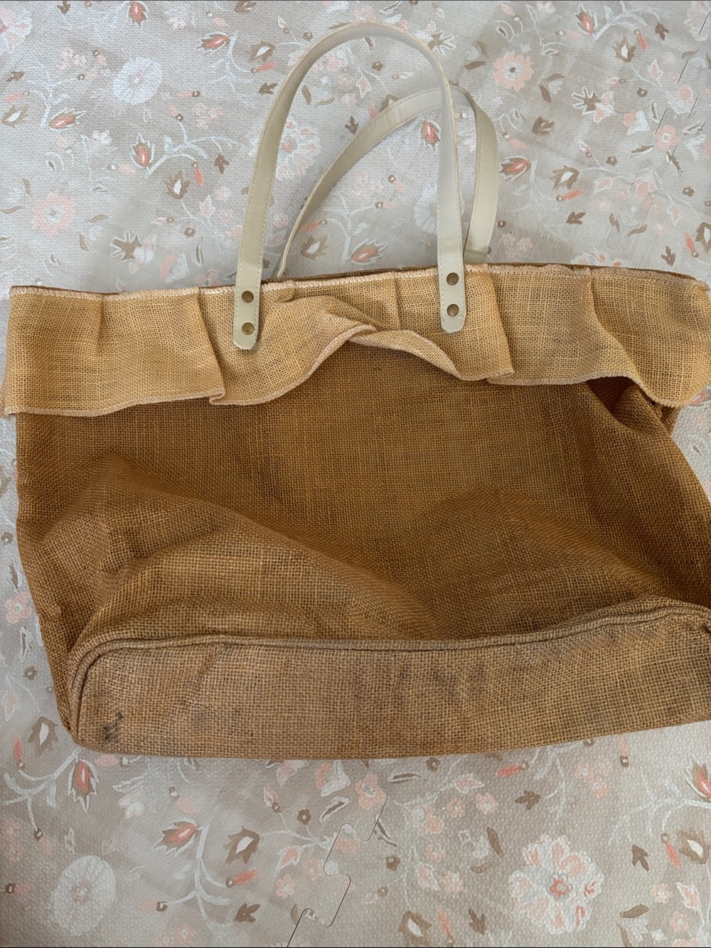 Mud pie Neutral Brown Jute Tote Bag with Cream Handles